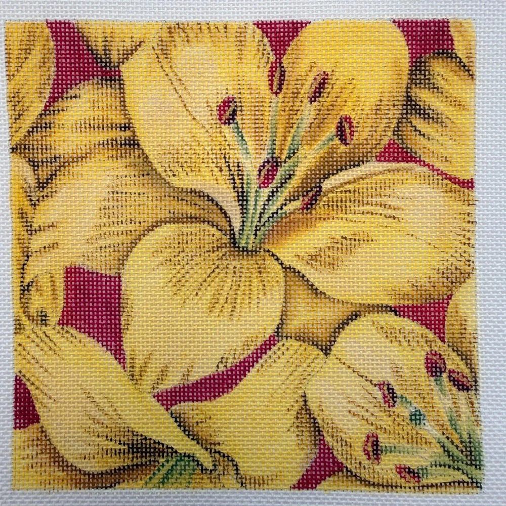 Yellow Tiger Lily Floral Hand Painted Needlepoint Canvas HP F86F Vintage Floral